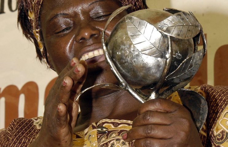 Image of a black, African woman in traditional dress, holding a silver-colored trophy shaped likes leaves wrapping around a seed