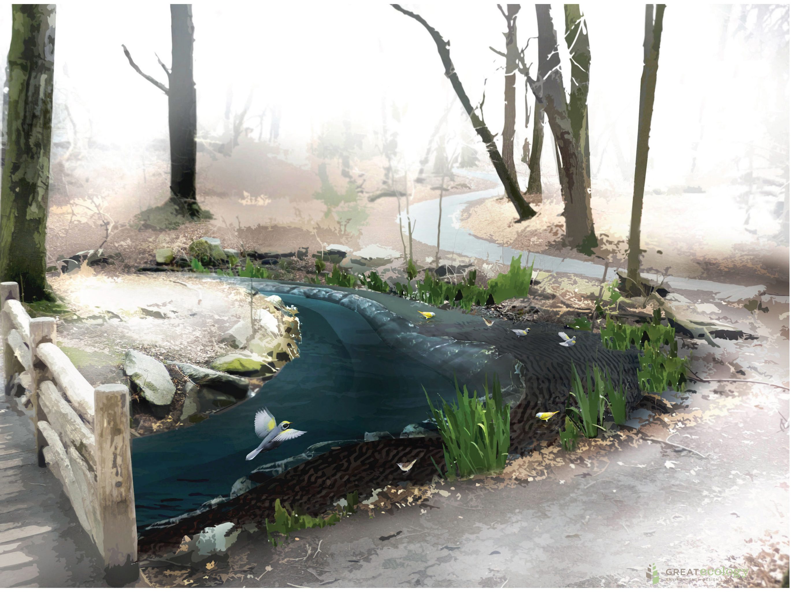 Rendering of a restored creek with birds and a small footbridge