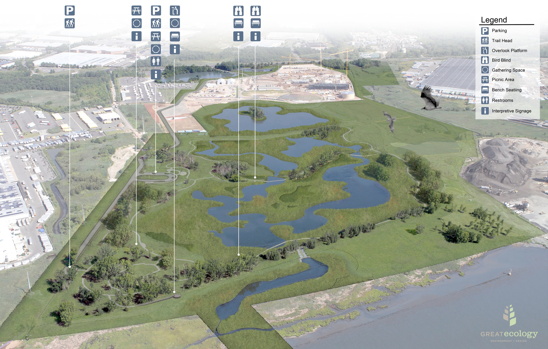 aerial rendering showing a wetland with lakes and a park