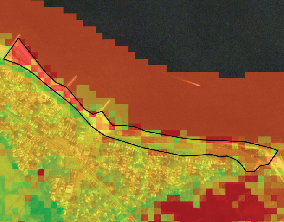 rendering showing estuary vulnerability in green, yellow, orange, red