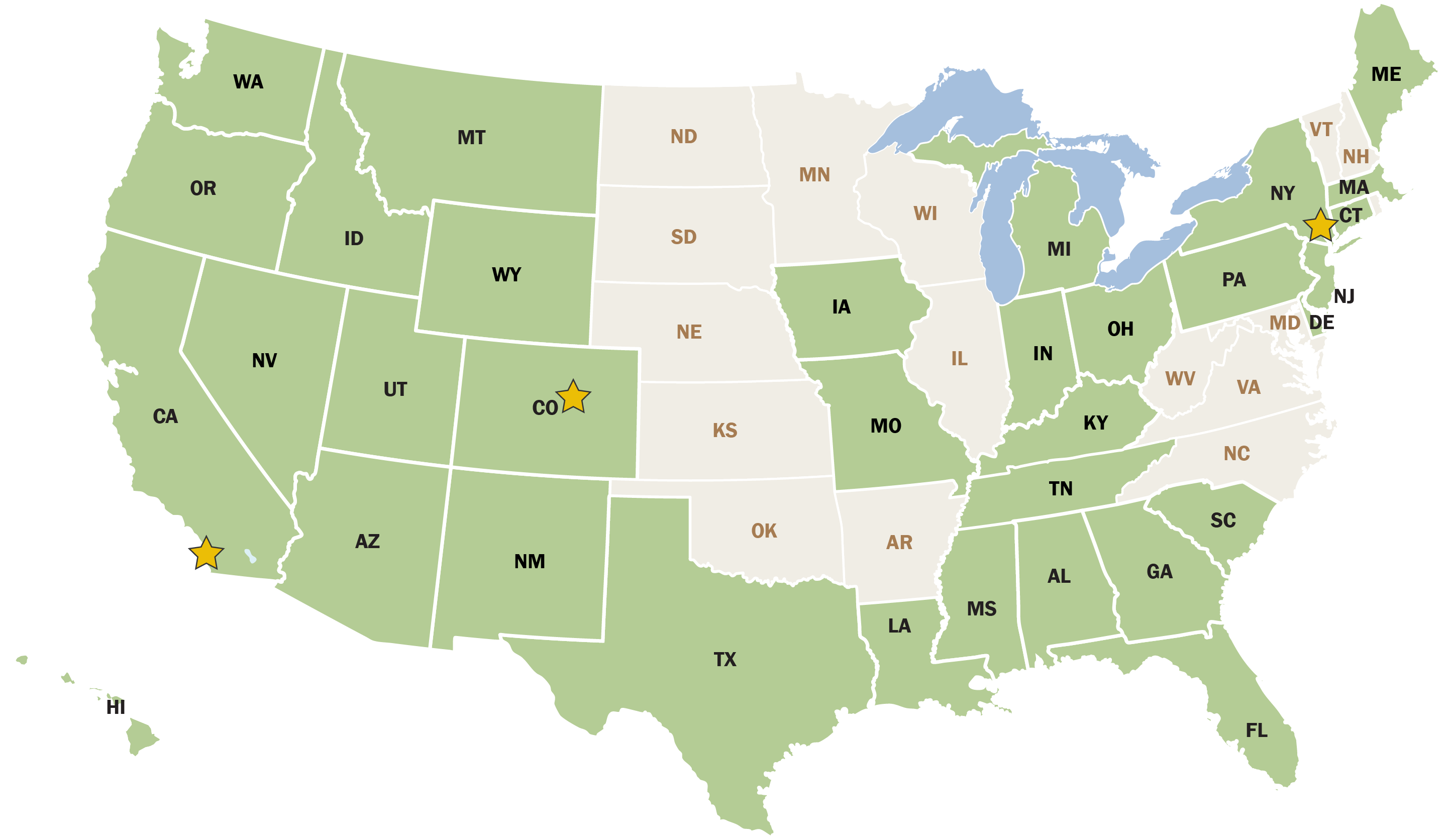 A map depicting where Great Ecology has performed work in the United States.